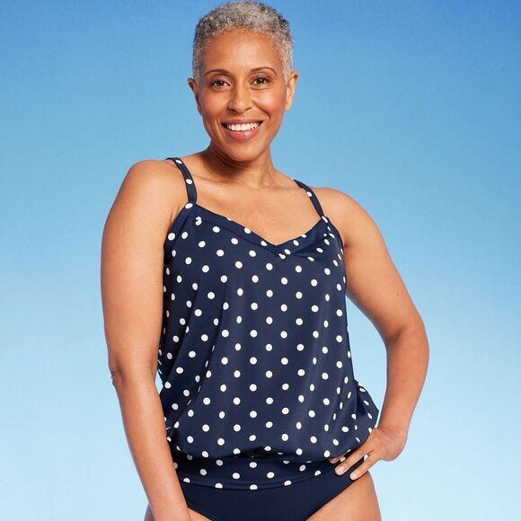 Lands' End Women's UPF 50 Polka Dot Blouson Tankini Top - Navy Blue M - Picture 1 of 3